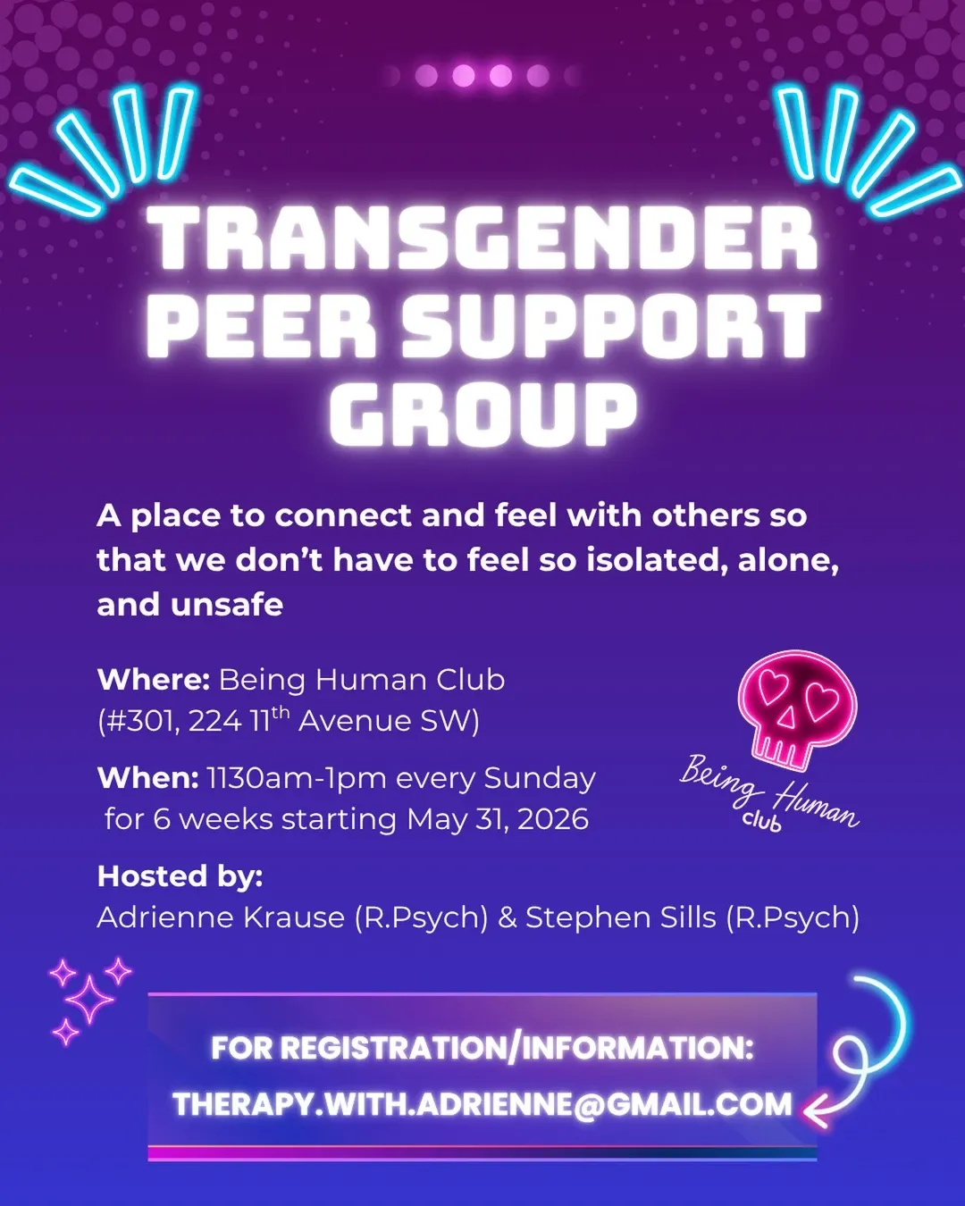 Instagram post: flyer for a Transgender Peer Support Group at Being Human Club, co-hosted by Adrienne Krause and Stephen Sills, starting May 31, 2026